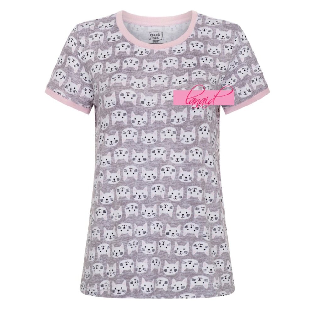 Rene Rofe Pillow Talk Lightweight Hacci Short Sleeve Cat Kitty Stretchy Knit Top